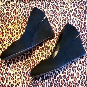 NEW Black Wedges, Faux Suede, Gold Metal Trim, 9